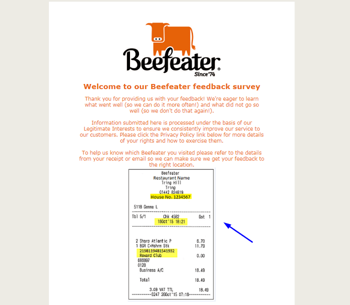 Beefeater Grill Feedback Survey form