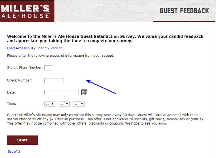 Miller's Ale House Guest Feedback Survey form