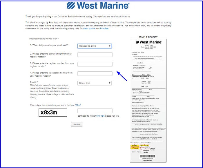 West Marine Customer Satisfaction Survey form