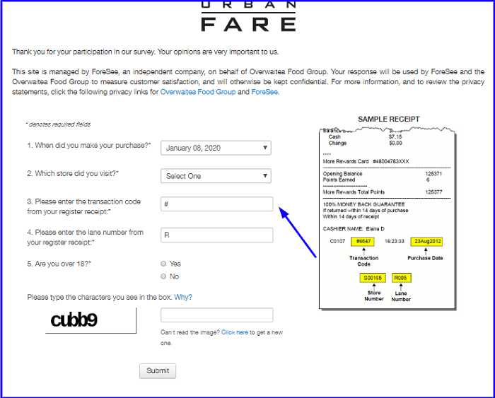 Urban Fare Customer Survey form
