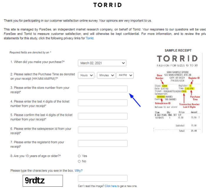 Torrid Survey form